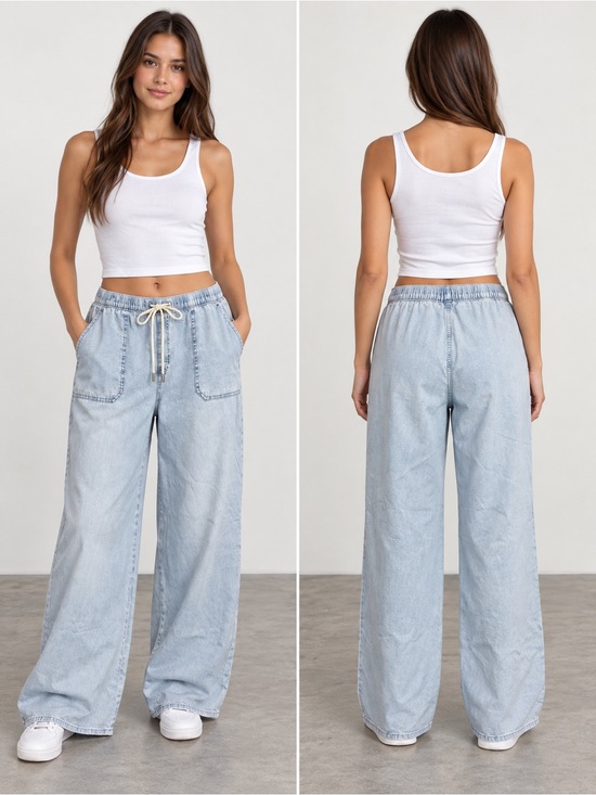 Michael Kors Denim - Michael Kors Light Blue Wide-Leg Drawstring Jeans size L